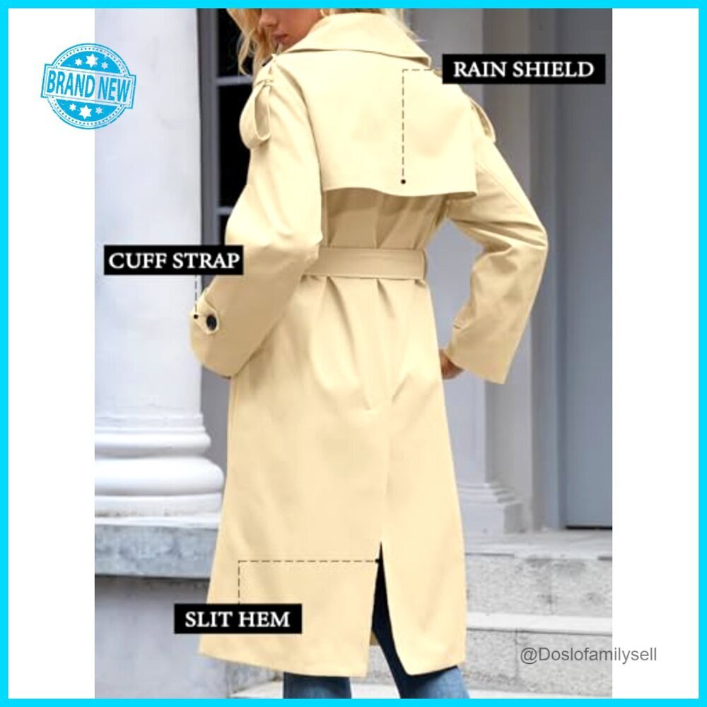 Oversized Double Breasted Trench Coat Classic Elegant Windproof Overcoat with - Picture 5 of 7